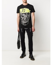 schwarzes bedrucktes T-Shirt mit einem Rundhalsausschnitt von Philipp Plein