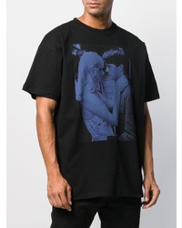 schwarzes bedrucktes T-Shirt mit einem Rundhalsausschnitt von Raf Simons