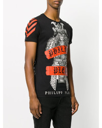 schwarzes bedrucktes T-Shirt mit einem Rundhalsausschnitt von Philipp Plein