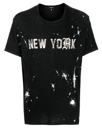 schwarzes bedrucktes T-Shirt mit einem Rundhalsausschnitt von R13