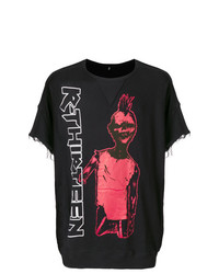 schwarzes bedrucktes T-Shirt mit einem Rundhalsausschnitt von R13