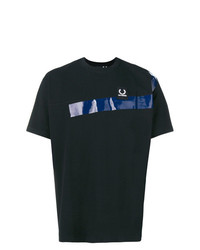 schwarzes bedrucktes T-Shirt mit einem Rundhalsausschnitt von Raf Simons X Fred Perry