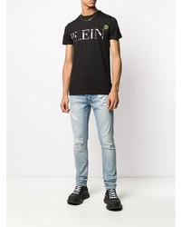 schwarzes bedrucktes T-Shirt mit einem Rundhalsausschnitt von Philipp Plein