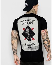 schwarzes bedrucktes T-Shirt mit einem Rundhalsausschnitt von Religion
