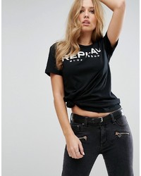 schwarzes bedrucktes T-Shirt mit einem Rundhalsausschnitt von Replay