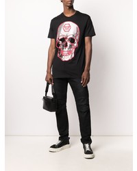 schwarzes bedrucktes T-Shirt mit einem Rundhalsausschnitt von Philipp Plein