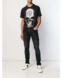 schwarzes bedrucktes T-Shirt mit einem Rundhalsausschnitt von Philipp Plein