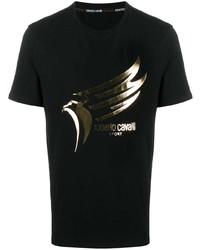 schwarzes bedrucktes T-Shirt mit einem Rundhalsausschnitt von Roberto Cavalli