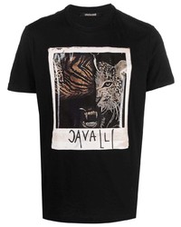 schwarzes bedrucktes T-Shirt mit einem Rundhalsausschnitt von Roberto Cavalli