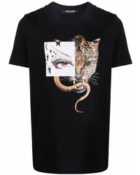 schwarzes bedrucktes T-Shirt mit einem Rundhalsausschnitt von Roberto Cavalli