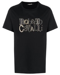 schwarzes bedrucktes T-Shirt mit einem Rundhalsausschnitt von Roberto Cavalli