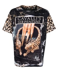 schwarzes bedrucktes T-Shirt mit einem Rundhalsausschnitt von Roberto Cavalli