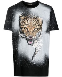 schwarzes bedrucktes T-Shirt mit einem Rundhalsausschnitt von Roberto Cavalli