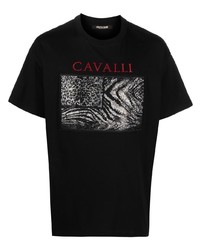 schwarzes bedrucktes T-Shirt mit einem Rundhalsausschnitt von Roberto Cavalli