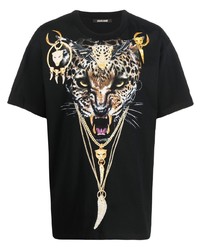 schwarzes bedrucktes T-Shirt mit einem Rundhalsausschnitt von Roberto Cavalli