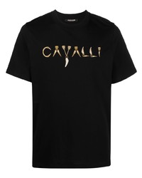 schwarzes bedrucktes T-Shirt mit einem Rundhalsausschnitt von Roberto Cavalli