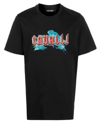 schwarzes bedrucktes T-Shirt mit einem Rundhalsausschnitt von Roberto Cavalli