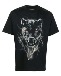 schwarzes bedrucktes T-Shirt mit einem Rundhalsausschnitt von Roberto Cavalli