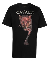 schwarzes bedrucktes T-Shirt mit einem Rundhalsausschnitt von Roberto Cavalli