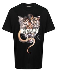 schwarzes bedrucktes T-Shirt mit einem Rundhalsausschnitt von Roberto Cavalli