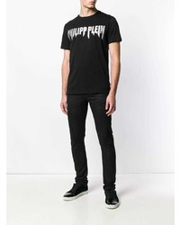 schwarzes bedrucktes T-Shirt mit einem Rundhalsausschnitt von Philipp Plein