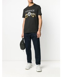 schwarzes bedrucktes T-Shirt mit einem Rundhalsausschnitt von Versace