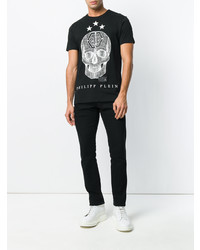 schwarzes bedrucktes T-Shirt mit einem Rundhalsausschnitt von Philipp Plein