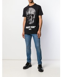 schwarzes bedrucktes T-Shirt mit einem Rundhalsausschnitt von Philipp Plein