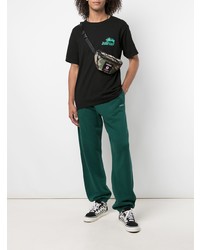 schwarzes bedrucktes T-Shirt mit einem Rundhalsausschnitt von Stussy