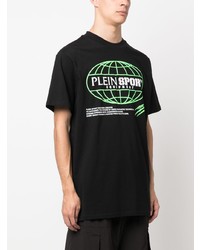 schwarzes bedrucktes T-Shirt mit einem Rundhalsausschnitt von Plein Sport