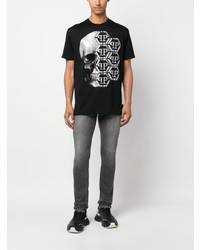 schwarzes bedrucktes T-Shirt mit einem Rundhalsausschnitt von Philipp Plein