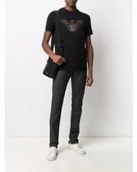 schwarzes bedrucktes T-Shirt mit einem Rundhalsausschnitt von Emporio Armani