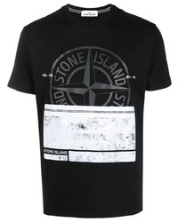 schwarzes bedrucktes T-Shirt mit einem Rundhalsausschnitt von Stone Island