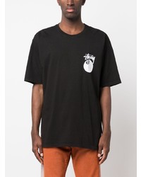 schwarzes bedrucktes T-Shirt mit einem Rundhalsausschnitt von Stussy