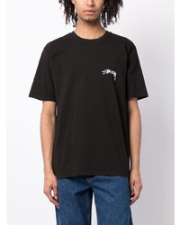 schwarzes bedrucktes T-Shirt mit einem Rundhalsausschnitt von Stussy