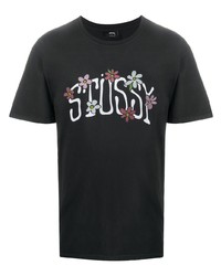 schwarzes bedrucktes T-Shirt mit einem Rundhalsausschnitt von Stussy