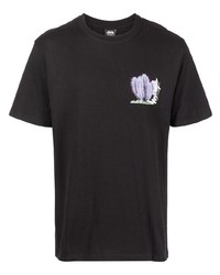 schwarzes bedrucktes T-Shirt mit einem Rundhalsausschnitt von Stussy