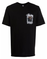 schwarzes bedrucktes T-Shirt mit einem Rundhalsausschnitt von Stussy