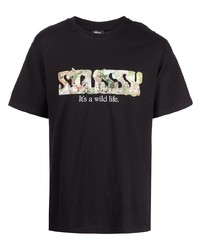 schwarzes bedrucktes T-Shirt mit einem Rundhalsausschnitt von Stussy