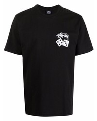 schwarzes bedrucktes T-Shirt mit einem Rundhalsausschnitt von Stussy