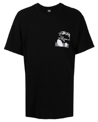 schwarzes bedrucktes T-Shirt mit einem Rundhalsausschnitt von Stussy