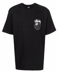 schwarzes bedrucktes T-Shirt mit einem Rundhalsausschnitt von Stussy