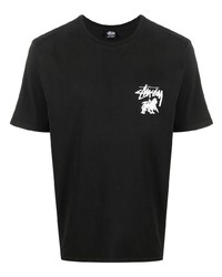 schwarzes bedrucktes T-Shirt mit einem Rundhalsausschnitt von Stussy