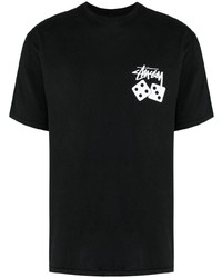 schwarzes bedrucktes T-Shirt mit einem Rundhalsausschnitt von Stussy