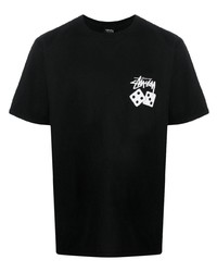 schwarzes bedrucktes T-Shirt mit einem Rundhalsausschnitt von Stussy