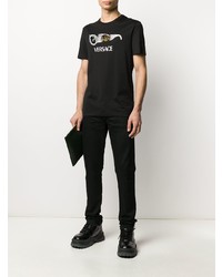 schwarzes bedrucktes T-Shirt mit einem Rundhalsausschnitt von Versace