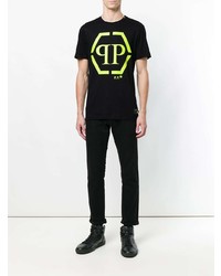 schwarzes bedrucktes T-Shirt mit einem Rundhalsausschnitt von Philipp Plein