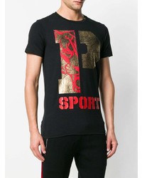 schwarzes bedrucktes T-Shirt mit einem Rundhalsausschnitt von Plein Sport