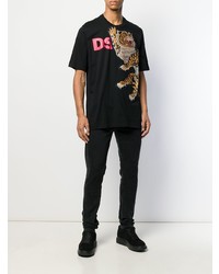 schwarzes bedrucktes T-Shirt mit einem Rundhalsausschnitt von DSQUARED2