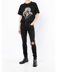 schwarzes bedrucktes T-Shirt mit einem Rundhalsausschnitt von Roberto Cavalli